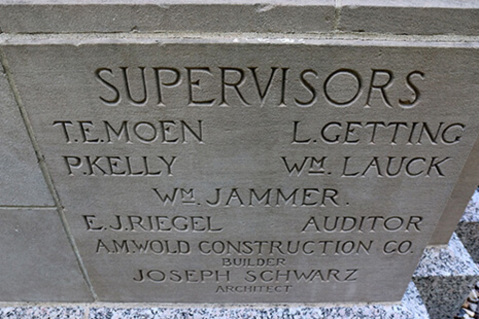 The cornerstone of the Lyon County Courthouse in Rock Rapids, Iowa
